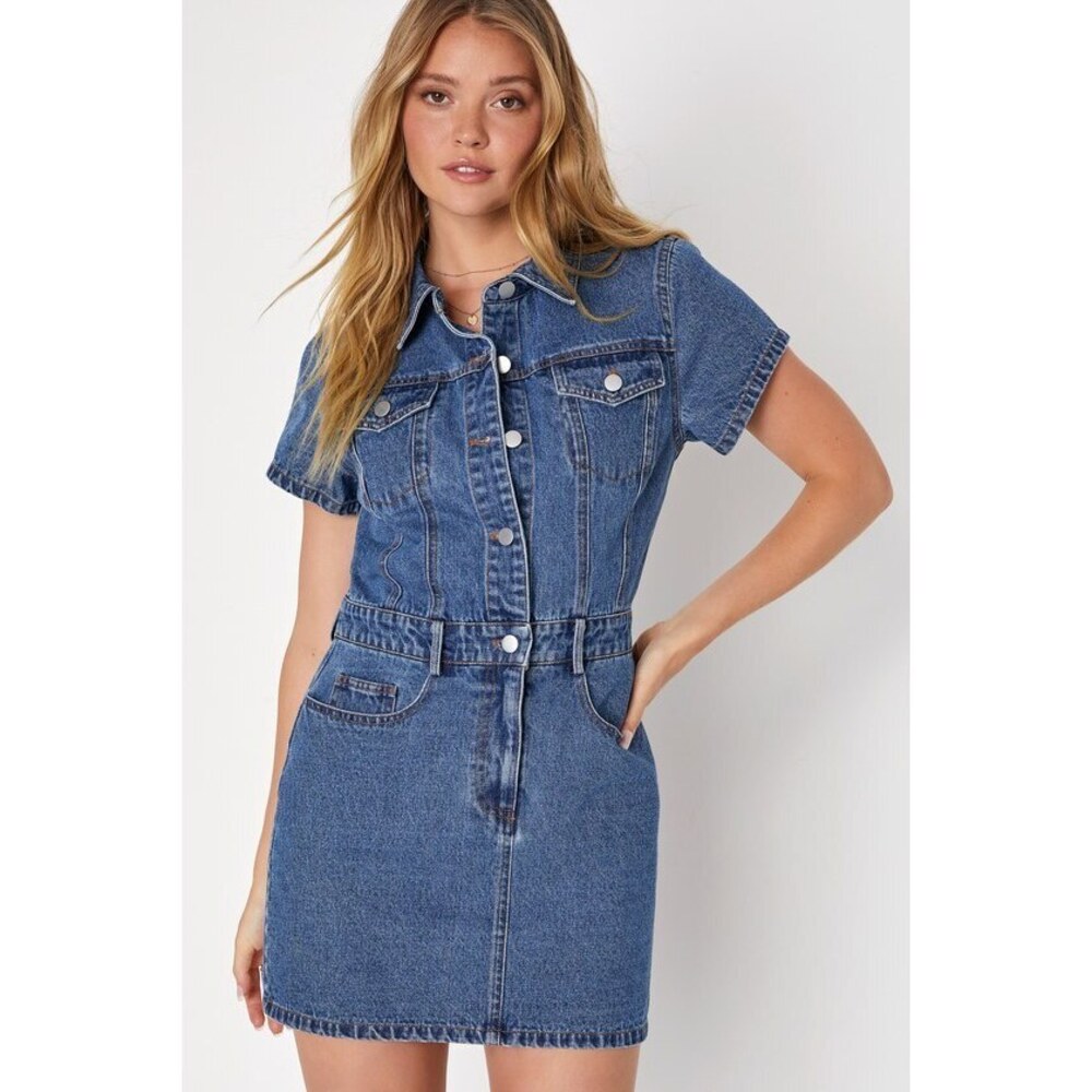 Lulus Ready To Charm Medium Wash Short Sleeve Denim Mini Dress Blue - Size M